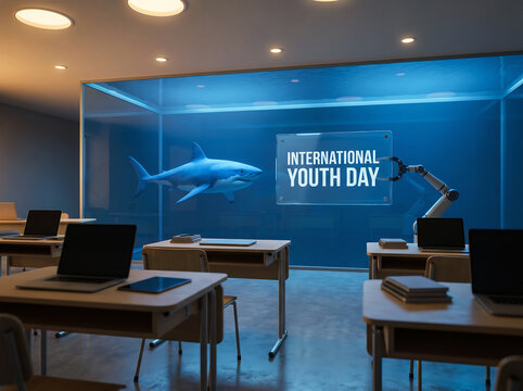 Classroom with digital display showing shark and international youth day text, robot arm in background, symbolizing education and science exploration.