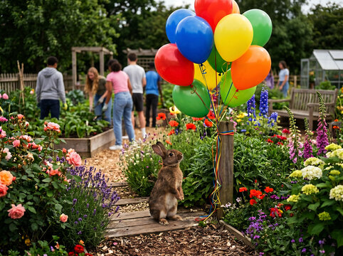 Brown rabbit standing up in a vibrant garden surrounded by colorful flowers and green plants with a bunch of balloons and people working in background.
