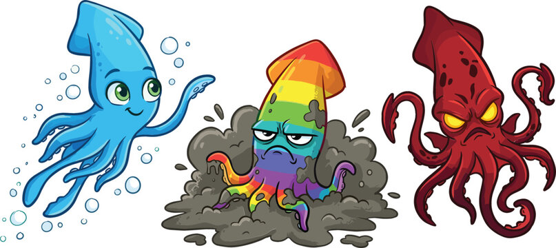 Cute and Angry Cartoon Squid Vector Characters Set Featuring Friendly Blue Ocean Rainbow Ink Mud and Red Monster Cephalopods for Game Mascot Designs