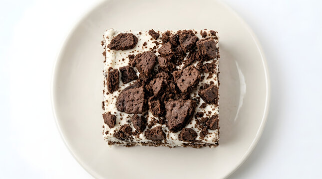 Slice of an American cookies and cream icebox cake in white plate shot from top down angle, perfect easy dessert food ideas. Sometimes it is made with instant pudding mix