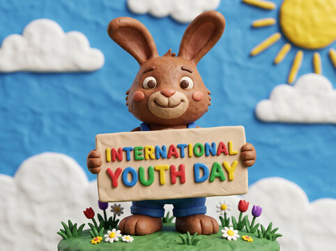 International youth day celebration greeting card with clay rabbit holding colorful sign on green grassy hill under blue sky with puffy white clouds and bright yellow sun in 3d claymation style.