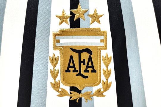 Photo of the embroidered emblem of the Argentina national football team&rsquo;s 2026 pre-match home kit. 