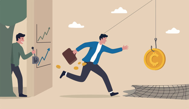 Crypto scams or fraud, liar create ICO initial coin offering baiting greed investors into trader concept, greedy businessman running grab into bating cryptocurrency coin scam