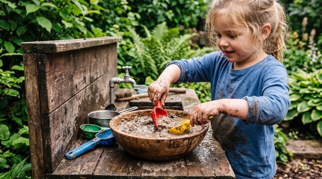 Young Girl Playing with Mud at a Picnic Table