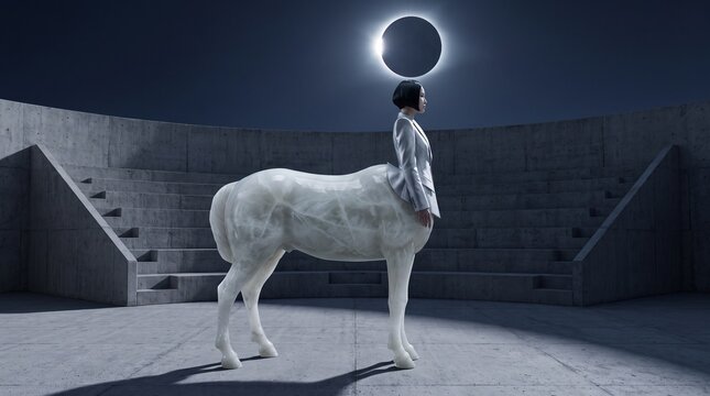 Woman with Surreal Centaur Body Under Eclipse