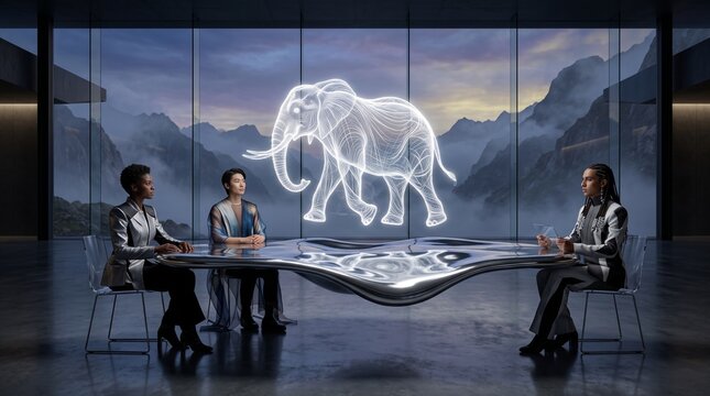 Business Team Meeting with Neon Elephant Hologram