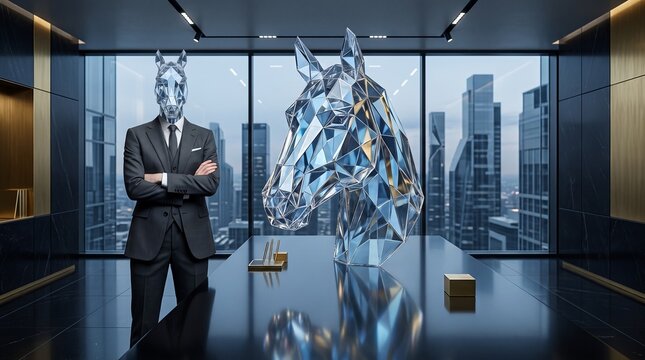 Businessman with Geometric Horse Head in Modern Office