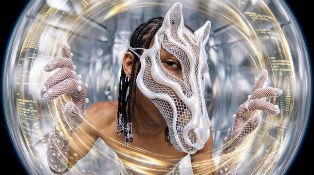 Futuristic Warrior in White Mesh Mask with Digital Aura
