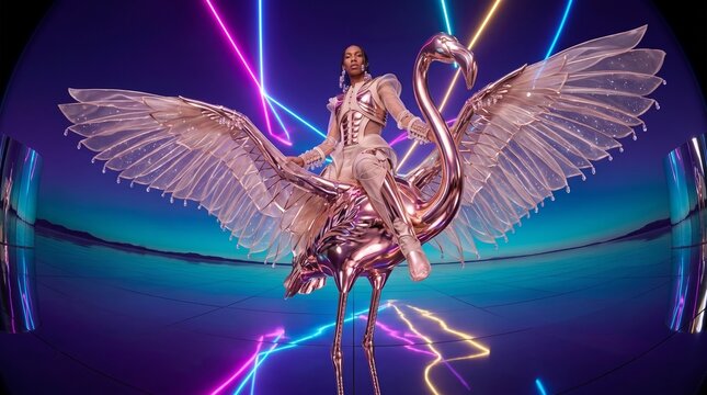 Winged Woman with Swan in Neon Futuristic Setting