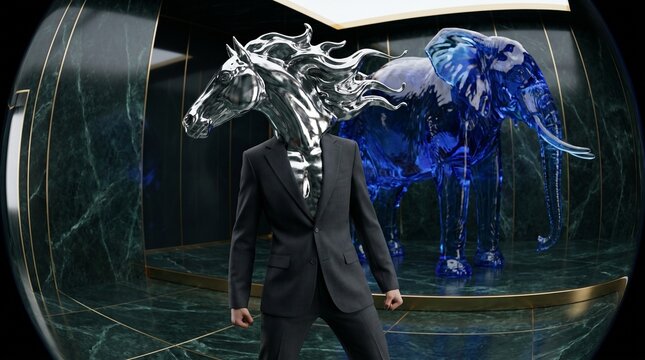 Surreal Horse Head Man in Business Suit with Elephant