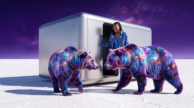 Woman Scientist with Cosmic Bears and Futuristic Technology Pod