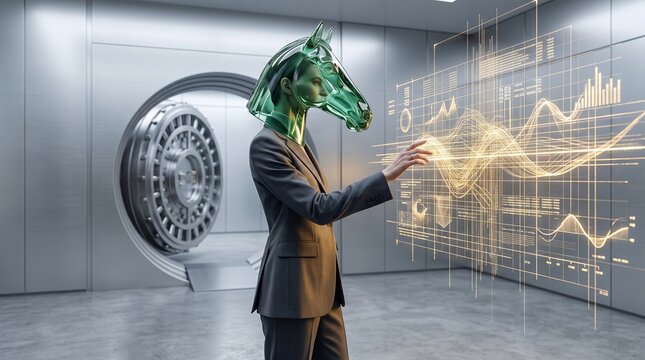 Horse Head Businessman Analyzing Financial Data Dashboard