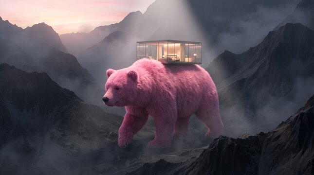 Pink Bear with Glass House in Mountain Valley