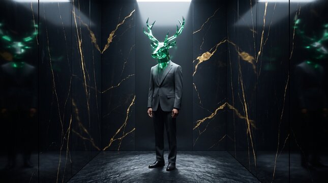 Surreal Businessman with Glowing Emerald Antlers in Marble Room