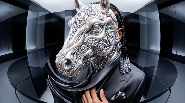 Ornate Silver Horse Head Mask with Crystal Embellishments