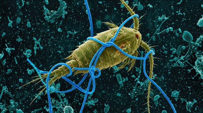 Copepod, ensnared by blue microfilament, demonstrating environmental pollution peril, depicting aquatic organism contamination risk within ocean ecosystem, magnifying global plastic waste threat.