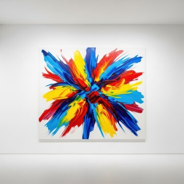 A brightly lit, minimalist white wall displaying a large abstract canvas painting featuring bold colors and dynamic brushstrokes in a spacious art exhibition, abstract, professional, acrylic