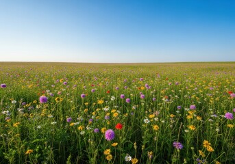 Fototapeta premium A peaceful, expansive meadow blooming with diverse wild flora under a bright blue summer sky. Tranquil landscape capturing the beauty of nature, rural, environment, grass
