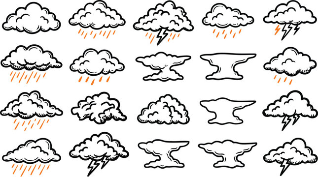 Collection of weather related cloud illustrations with rain and lightning black and white line art cloud formation cumulus stratus