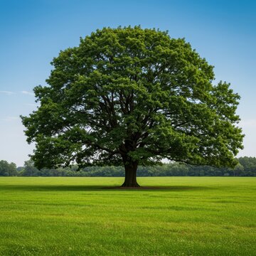 A massive, sprawling solitary oak tree dominates the lush green expanse of a quiet summer meadow under a clear blue sky, evoking peace, summer, ancient, big