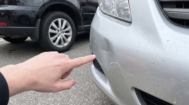 Man points to scratch on car bumper, evaluating the cost of repair for a dented front fender.