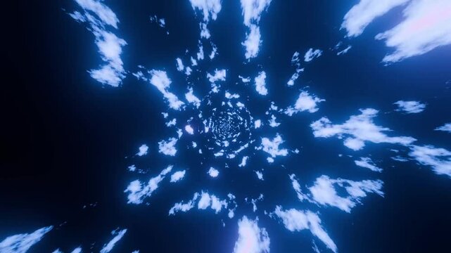 Hyper drive through dense blue cloud vortex space time portal background.