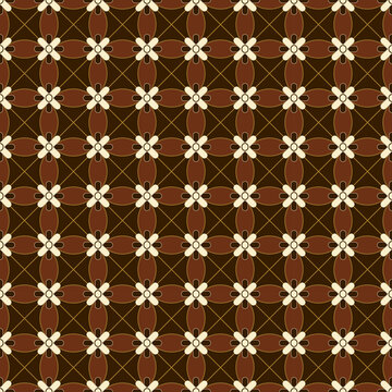 Traditional Javanese Brown Batik Seamless Pattern Geometric Kawung Floral Motif Background