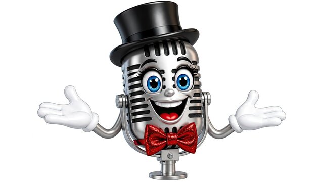 Cartoon microphone mascot wearing a top hat and bowtie.