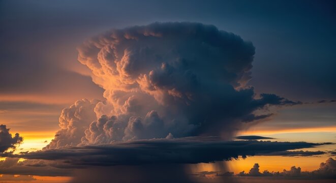 Huge, powerful cumulonimbus clouds building high into the atmosphere, creating a deep, dramatic, and moody sky before intense rainfall, dark, rain, natural