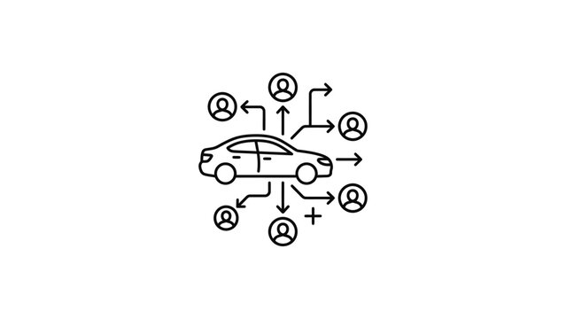 Line icon illustration of car sharing service with multiple users connected.
