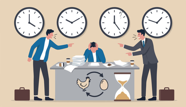 Business argument, conflict or disagreement, wasted use meeting time arguing into with no result, controversy question idea concept, businessman colleagues arguing fight about chicken vs egg who come