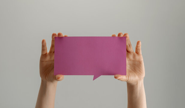 Speak speech talk expression with hands holding blank speech bubble, communication message