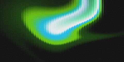 Abstract grainy noise background featuring curved gradient light streak with vertical glass groove streaks. Vibrant lime green, cyan blue, and soft white luminous swirl against a dark black textured b © yun visual