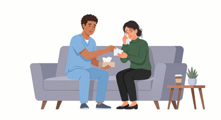 Obraz premium Empathetic nurse comforting distressed female patient in hospital counseling room