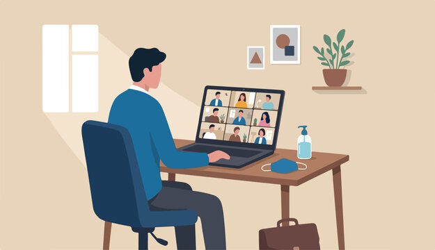 Work from home video conference meeting team to social distancing Coronavirus COVID-19 pandemic concept, office home working chair conference meeting team laptop computer