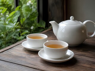 Fototapeta premium Realistic Atmospheric Tea Scene with White Cups and Ceramic Teapot