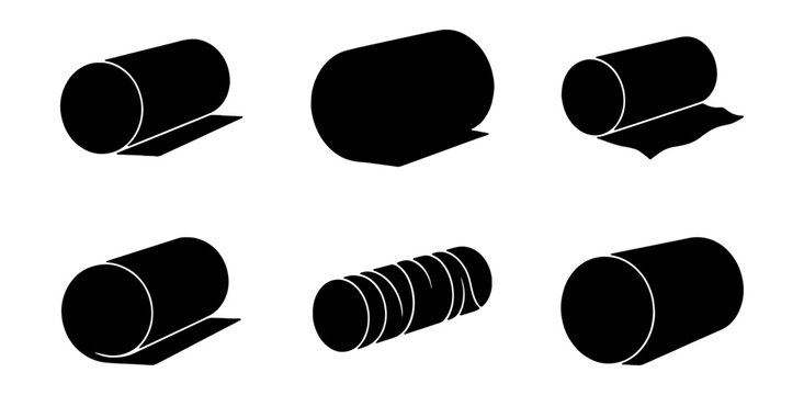 Industrial roll silhouette icons, black paper and fabric cylinder set, 6 textile material bolt vector illustrations for manufacturing and logistics