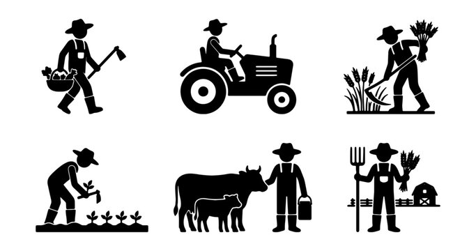 Farming and agriculture icon set, black silhouette farmer characters working on farm, tractor driving and livestock ranching vector illustrations