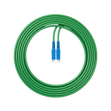 Green fiber optic cable coiled in a perfect circle with two blue lc connectors facing each other on a transparent studio background, technical efficiency