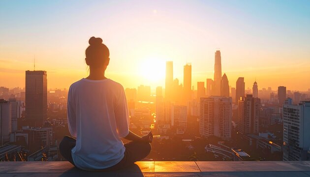 Young woman practicing yoga and meditation in a peaceful morning ritual overlooking the modern urban cityscape at sunrise