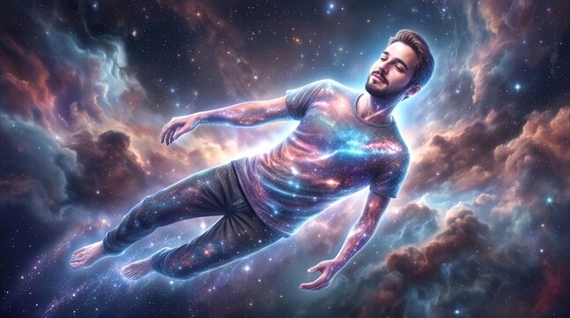 Levitating man with cosmic patterns on skin and clothing floating through deep space nebula. Peaceful young adult experiencing spiritual connection with the universe
