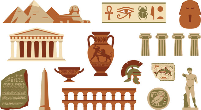 Ancient egyptian artifacts collection including pyramids sphinx and hieroglyphics.