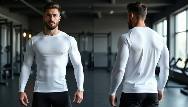 Man wears white compression shirt and black pants in gym. Front and back views show athletic fit and muscle tone. Perfect for workout training and active lifestyle.