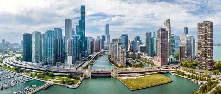 Aerial panoramic view of the Chicago City skyline in Illinois, USA. September 24, 2023. 