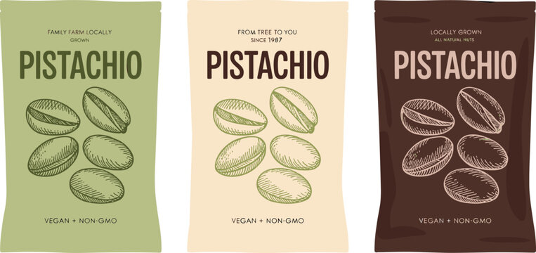 Set of three pistachio nut product packaging design templates with hand drawn illustrations and organic food labels