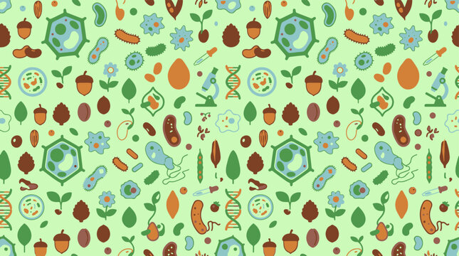 Biology and microbiology seamless pattern with cells bacteria and plant life.