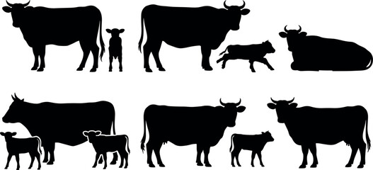 Collection of black silhouettes featuring mother cows and their cute little calves in various different standing poses © Binoba