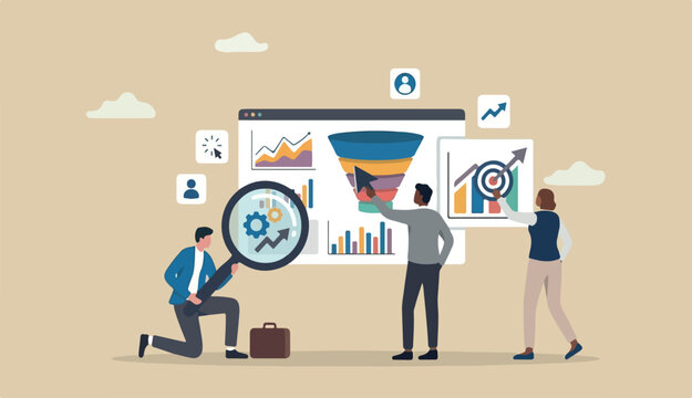 Data analysis and optimization for SEO, marketing research user customer behavior, analyze business trend concept, business people using magnifier and optimize tools analyze chart a graph