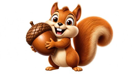 Cute squirrel character happily holding a large brown acorn. © paulus