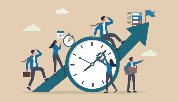Time management, effort efficiency boost, productivity finish project teamwork planning, multitasking finish work within deadline concept, business people riding clock up rising arrow